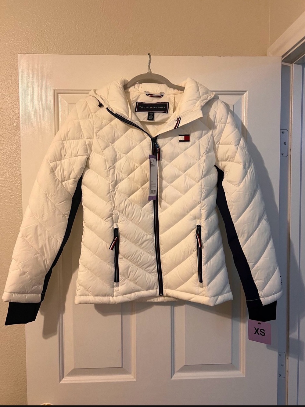 Tommy Hilfiger White Quilted Hooded Puffer with Black Panels